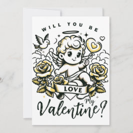 Valentijnsdag cupido met gele rozen en duif feestdagenkaart