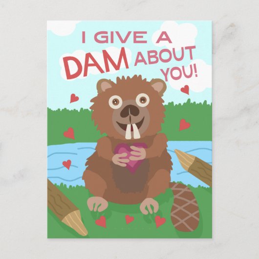 Valentijnsdag Cute Beaver geeft dam Pun Funny Briefkaart (Voorkant)
