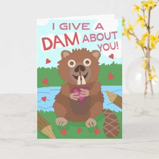 Valentijnsdag Cute Beaver geeft dam Pun Funny Kaart (Gele Bloem)