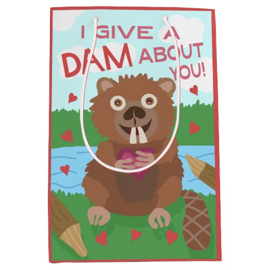 Valentijnsdag Cute Beaver geeft dam Pun Funny Medium Cadeauzakje (Voorkant)