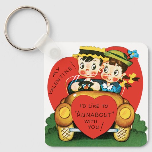  Valentijnsdag, Cute Boy en Girl in de auto Sleutelhanger (Voorkant)