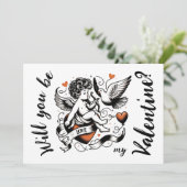 Valentijnsdag cute oranje hart cupido  feestdagenkaart (Staand voorkant)