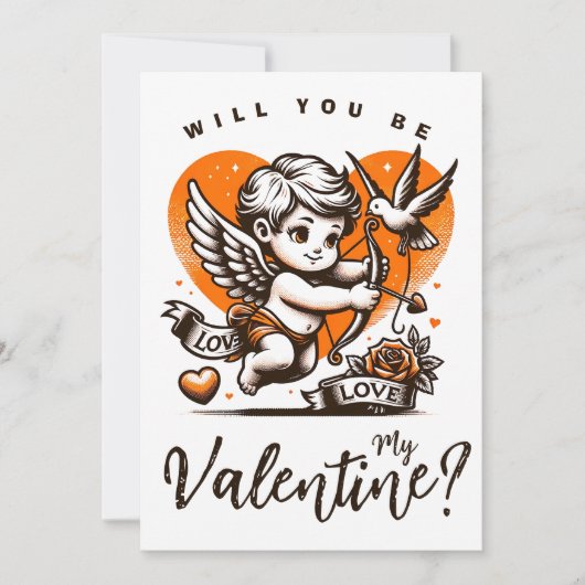 Valentijnsdag cute oranje hart cupido feestdagenkaart (Voorkant)