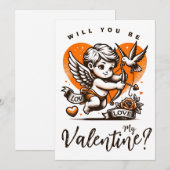 Valentijnsdag cute oranje hart cupido feestdagenkaart (Voorkant / Achterkant)