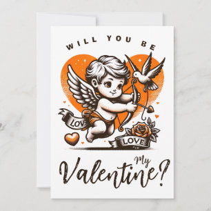 Valentijnsdag cute oranje hart cupido  feestdagenkaart