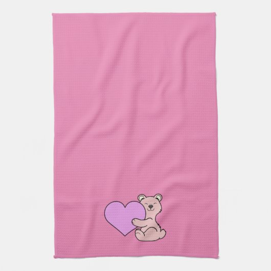Valentijnsdag Cute Pink Beer met hart Theedoek (Verticaal)
