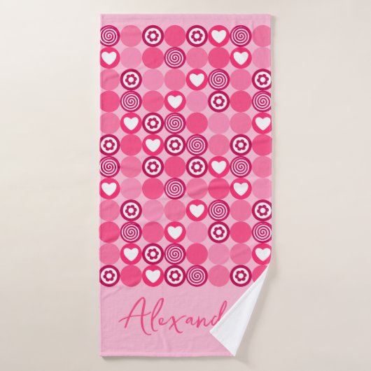 Valentijnsdag Cute Roze Hart- en Bloempatroon Naam Badhanddoek (Badhanddoek)