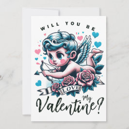 Valentijnsdag cute roze teal cupido feestdagenkaart
