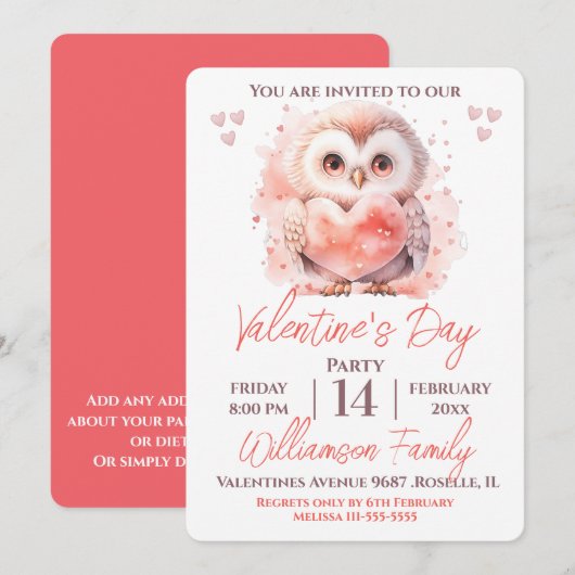 Valentijnsdag Cute Uil en Hart Feest Kaart (Voorkant / Achterkant)