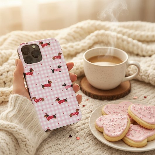 Valentijnsdag Dachshund Cute Roze Gingham Hart Hon Case-Mate iPhone Case