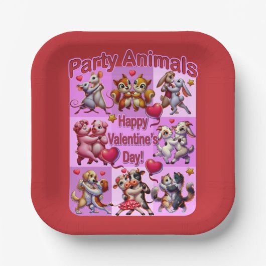 Valentijnsdag dansende koppels "feestbeesten" papieren bordje (Voorkant)
