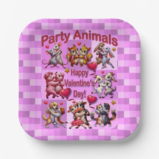 Valentijnsdag dansende koppels "feestbeesten" papieren bordje (Voorkant)
