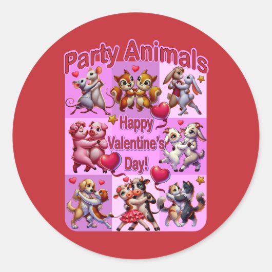Valentijnsdag dansende koppels "feestbeesten" ronde sticker (Voorkant)