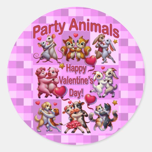 Valentijnsdag dansende koppels "feestbeesten" ronde sticker (Voorkant)