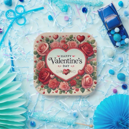 Valentijnsdag Design met Rozen en harten Papieren Bordje (Feest)