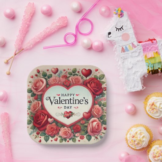 Valentijnsdag Design met Rozen en harten Papieren Bordje (Feest)