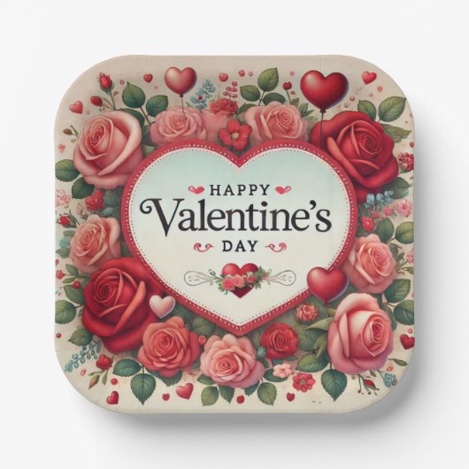Valentijnsdag Design met Rozen en harten Papieren Bordje (Voorkant)