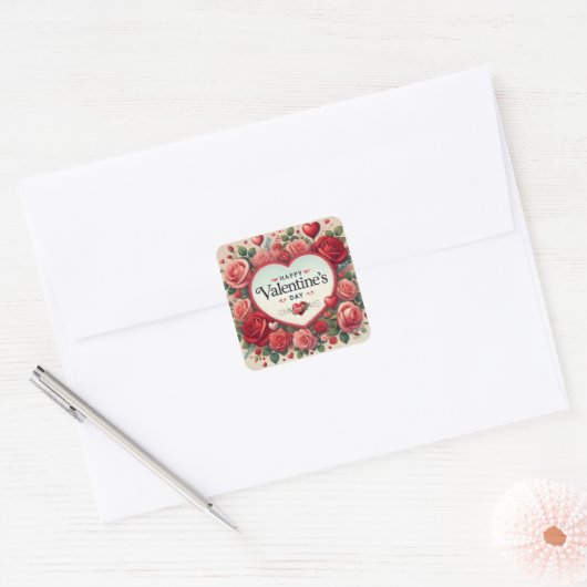 Valentijnsdag Design met Rozen en harten Vierkante Sticker (Envelop)