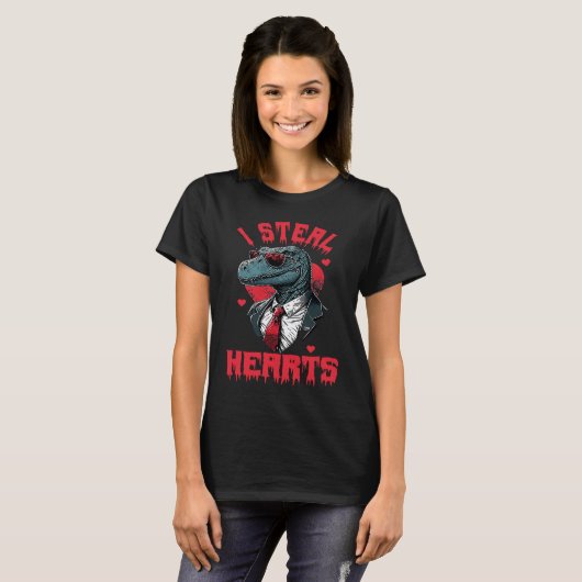 Valentijnsdag Dinosaur I Steal Hearts Boys Man L T-shirt (Voorkant volledig)
