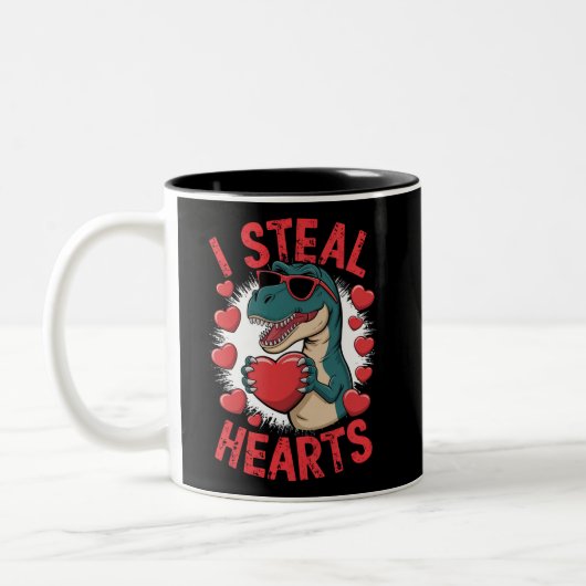 Valentijnsdag Dinosaur I Steal Hearts Love rex Tweekleurige Koffiemok (Links)