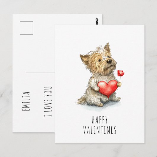 Valentijnsdag Dog Holding Heart Waterverf Sweet Briefkaart (Voorkant / Achterkant)