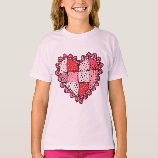 Valentijnsdag Doodle Kunststijl Patchwork Hart Kin T-shirt (Voorkant)