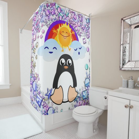 Valentijnsdag Douchegordijn, Penguin SunRainbow Douchegordijn (In situ)