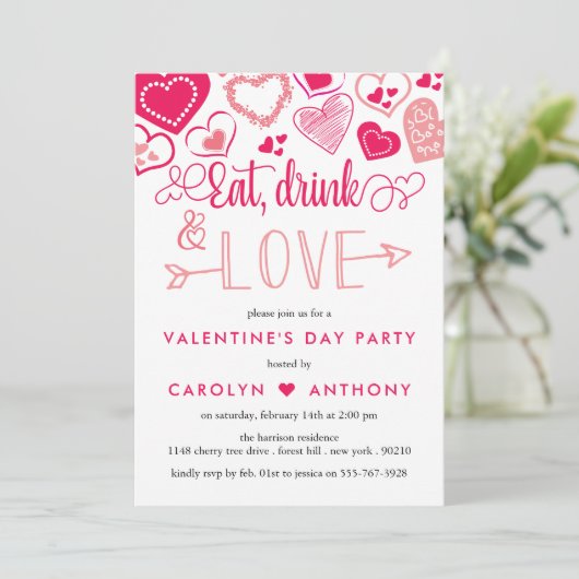Valentijnsdag Eat, Drink & Love Party Kaart (Staand voorkant)