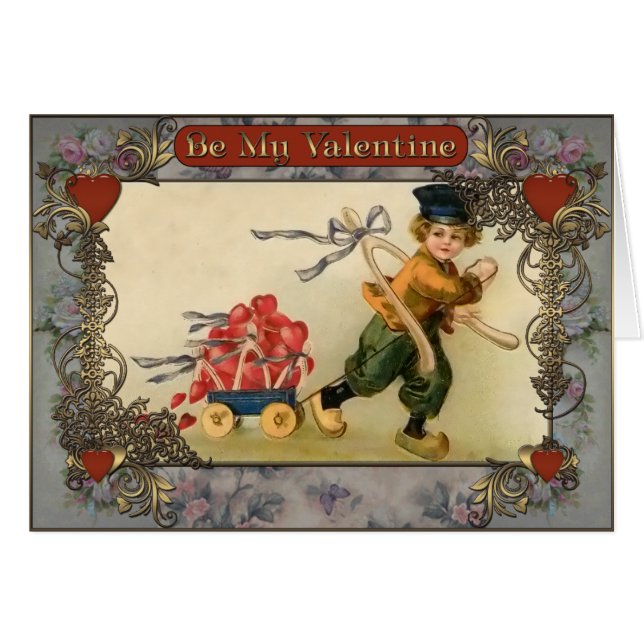 Valentijnsdag. Een jongen draagt een kar met bloem (Voorkant Horizontaal)