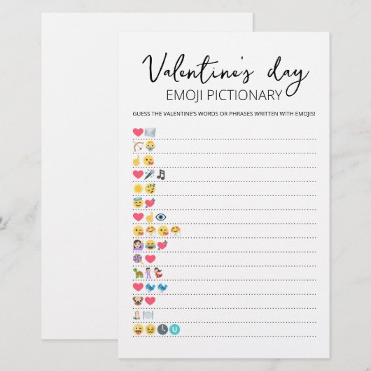 Valentijnsdag Emoji Pictionary game met Answers (Voorkant / Achterkant)