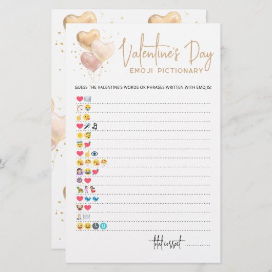 Valentijnsdag Emoji Pictionary game met Answers (Voorkant / Achterkant)