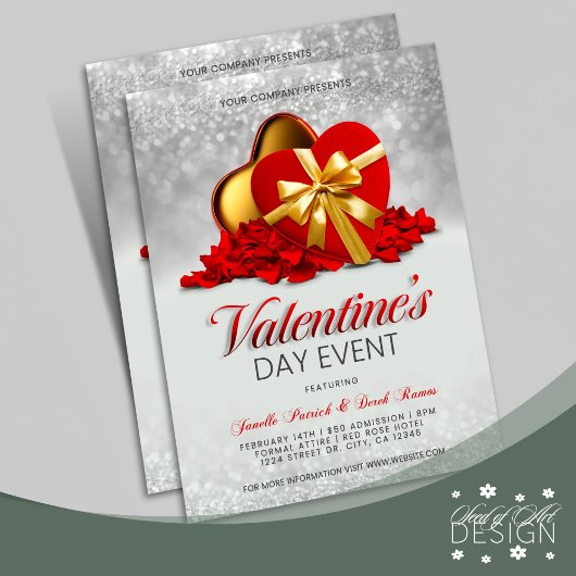 Valentijnsdag Event Red Heart Box & Roos Petals Flyer