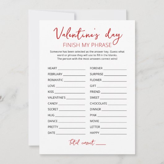Valentijnsdag Finish mijn zin Party spel Kaart (Voorkant)