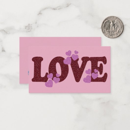 Valentijnsdag flat card 3,5X5 LOVE & Roze harten Notitiekaartje (Voorkant / Achterkant in situ)