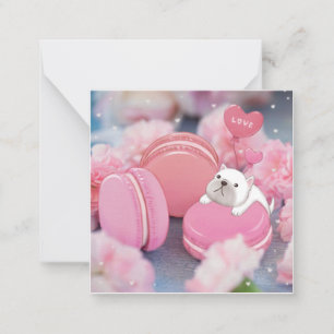 Valentijnsdag: Franse Bulldog, Macarons & Bloem Notitiekaartje