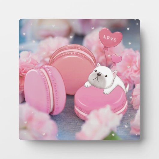 Valentijnsdag: Franse Bulldog, Macarons & Flower Fotoplaat (Voorkant)