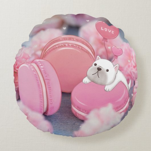 Valentijnsdag: Franse Bulldog, Macarons & Flower Rond Kussen (Voorkant)