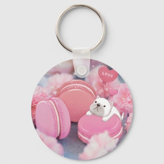 Valentijnsdag: Franse Bulldog, Macarons & Flower Sleutelhanger (Voorkant)