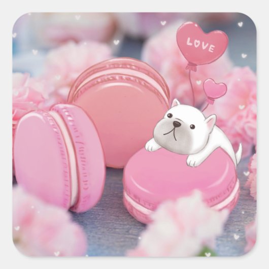 Valentijnsdag: Franse Bulldog, Macarons & Flower Vierkante Sticker (Voorkant)