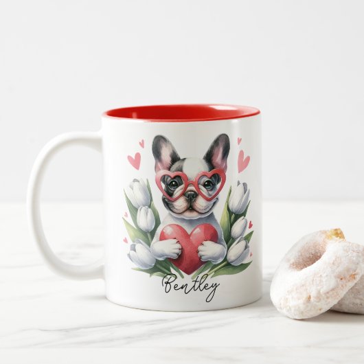 Valentijnsdag Frenchie Dog Custom Naam Tweekleurige Koffiemok (Met donut)