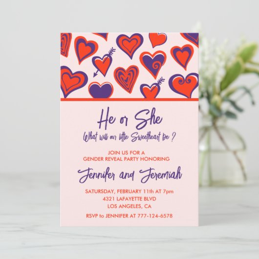 Valentijnsdag gender onthullen uitnodiging lieverd (Staand voorkant)
