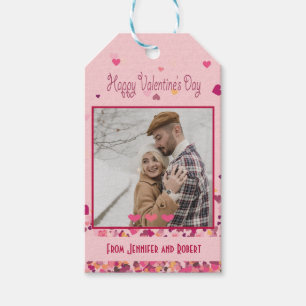 Valentijnsdag gepersonaliseerde foto roze harten cadeaulabel