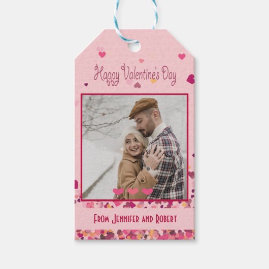 Valentijnsdag gepersonaliseerde foto roze harten cadeaulabel (Voorkant)