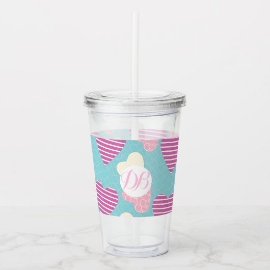 Valentijnsdag gestreepte harten monogram acryl drinkbeker (Voorkant)