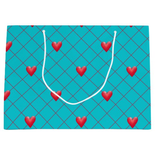 Valentijnsdag Gift Bag, Red Hearts, Aqua Pattern Large Cadeautasje (Voorkant)