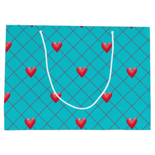 Valentijnsdag Gift Bag, Red Hearts, Aqua Pattern Large Cadeautasje (Achterkant)