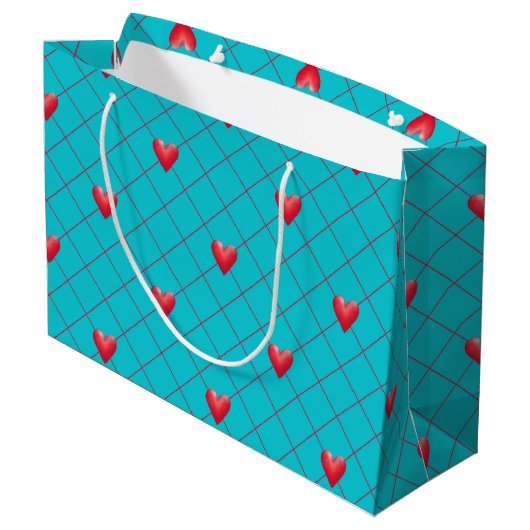 Valentijnsdag Gift Bag, Red Hearts, Aqua Pattern Large Cadeautasje (Achterkant Gekanteld)
