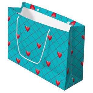 Valentijnsdag Gift Bag, Red Hearts, Aqua Pattern Large Cadeautasje