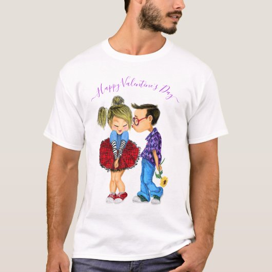 Valentijnsdag Gift T-Shirt met Schattige Paar Lief (Voorkant)