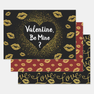 Valentijnsdag GOLD GLITTER CONFETTI KISSES Inpakpapier Vel
